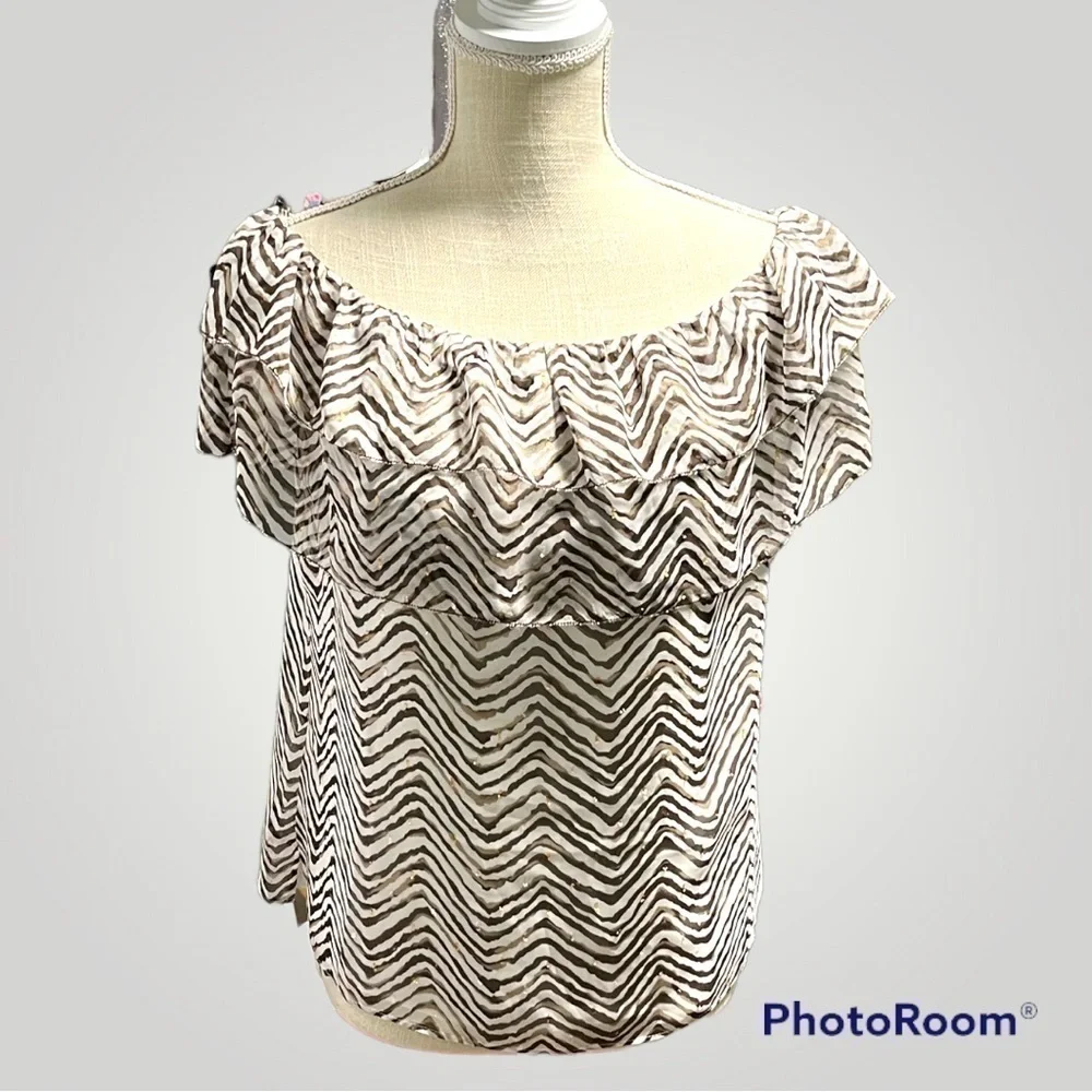 White House Black Market Zebra print gold accents Flounce Blouse - Picture 6 of 7